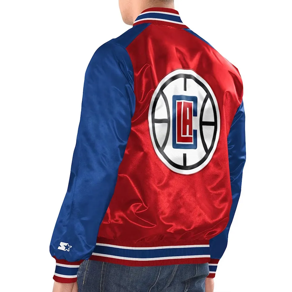 Red Royal LA Clippers Renegade Varsity Satin Jacket back