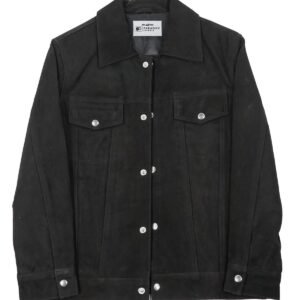 Women’s Black Suede Trucker Jacket with Button Front