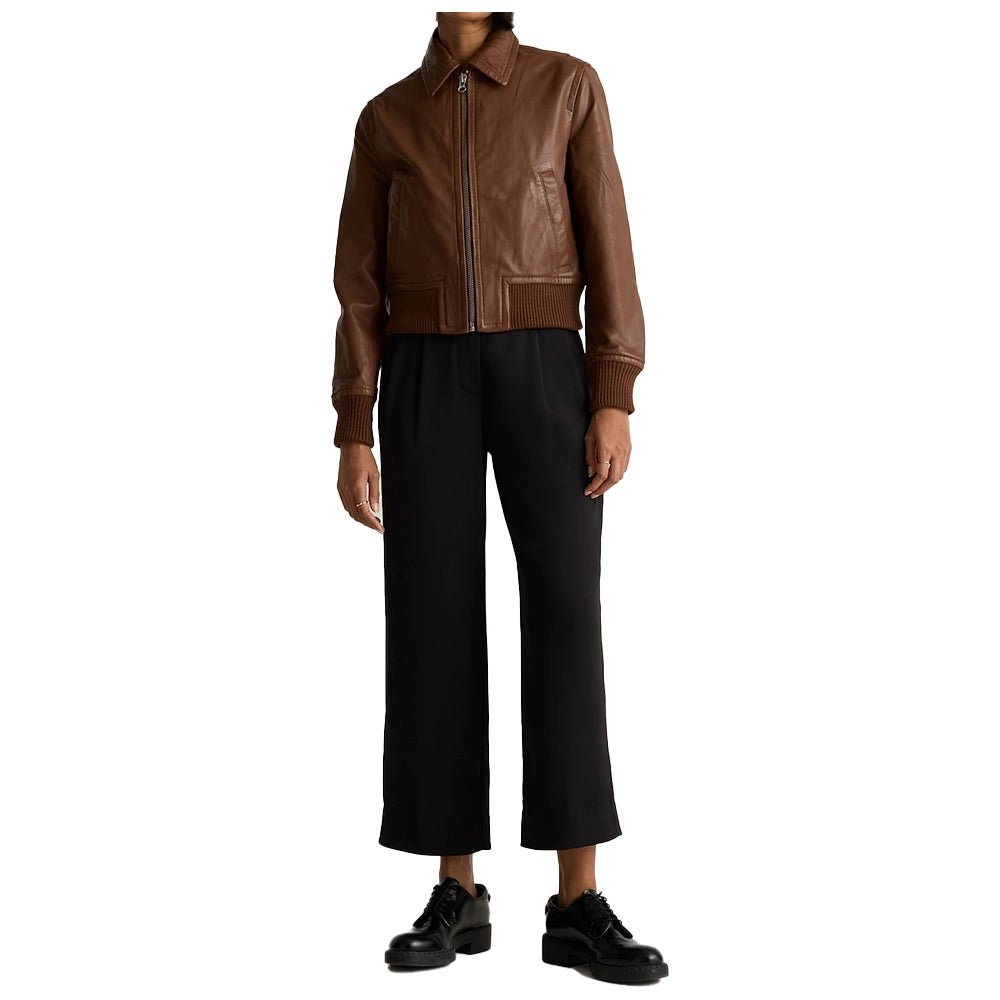 womens brown leather bomber jacket