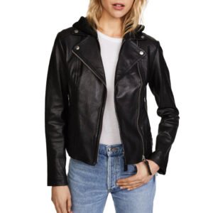 womens hooded black biker leater jacket