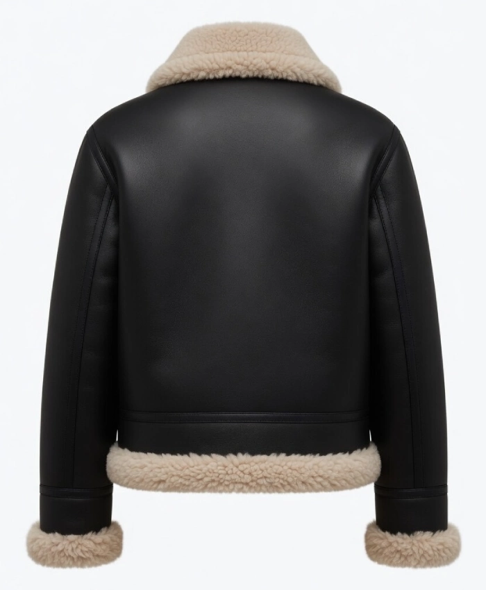 Arctic Chic Black Leather Flight Shearling Trimmed Jacket For Womens