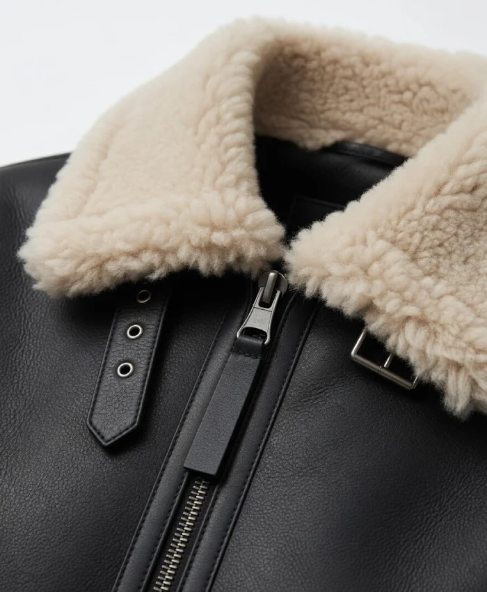 Arctic Chic Black Leather Flight Shearling Trimmed Jacket