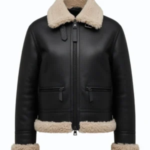 Arctic Chic Leather Flight Black Leather Jacket with Shearling Trim