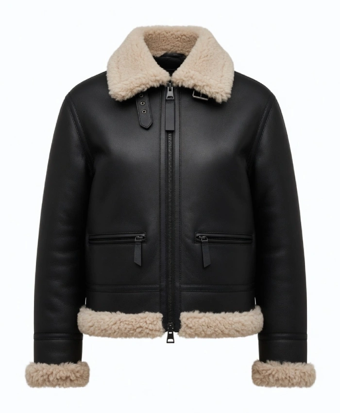Arctic Chic Leather Flight Black Leather Jacket with Shearling Trim