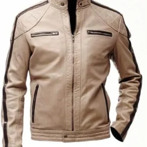 Beige Leather Jacket Mens Cafe Racer Striped Biker Stand Up Collar