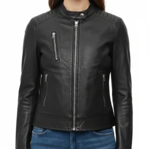Black Meadowlark Cafe Racer Leather Jacket For Womens