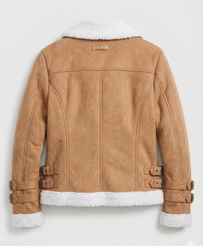 Brown Suede Fur Lining Biker Jacket with Belted Buckled Cuff Detail