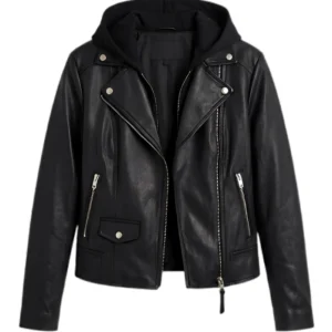 Buy Now Womens Billie Black Leather Biker Jacket with Hood