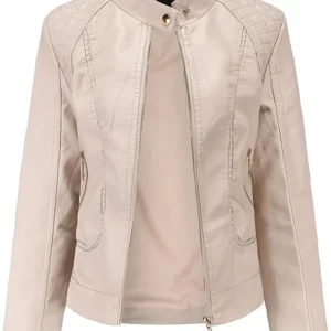 Casual Spring Slim Ladies Beige Leather Bomber Jacket With Stand up Collar