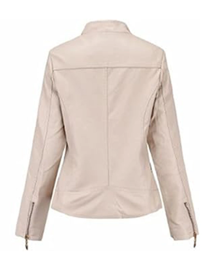 Casual Spring Slim Ladies Beige Leather Bomber Jacket With Stand up Collar Back