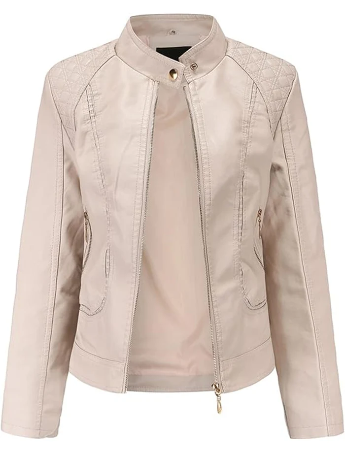 Casual Spring Slim Ladies Beige Leather Bomber Jacket With Stand up Collar