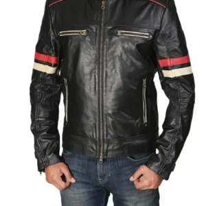 Classic Black Racer Jacket with Bold Red Stripes Front