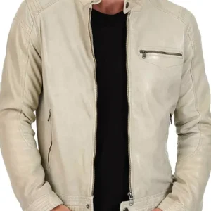 Classic Mens Cafe Racer Motorcycle Beige Leather Jacket