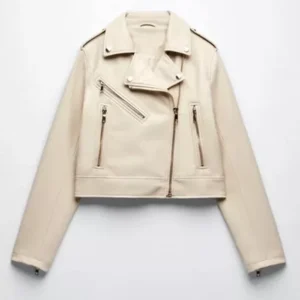 Classic Vintage Moto Lapel Style Collar Beige Faux Leather Jacket