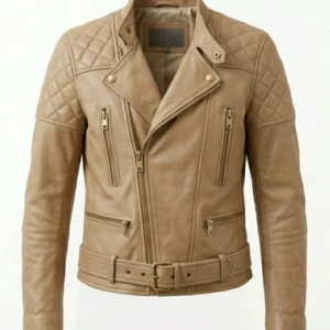 Men Beige Classic Leather Biker Jacket with Stand Collar