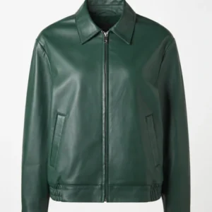 Men Dark Green Leather Bomber Jacket