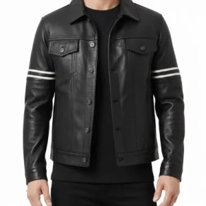 Men Orvyn Stiped Sleeves Flap Pockets Trucker Black Leather Jacket