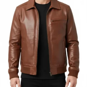 Men Zanvek Leather Brown Bomber Jacket with Shirt Collar and Zipper Closure