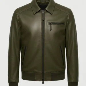 Mens Olive Green Quilted Shoulders Leather Bomber Jacket