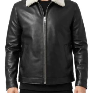 Mens Ravion Shearling Collar Zip Up Leather Jacket in Black