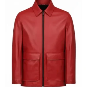 Mens Red Leather Zip Up Jacket with Flap Pockets 1