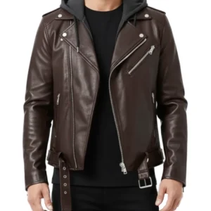 Mens Vanguard Dark Brown Leather Biker Jacket with Attached Fleece Hood