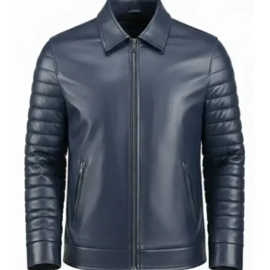 Padded Sleeves Blue Leather Jacket