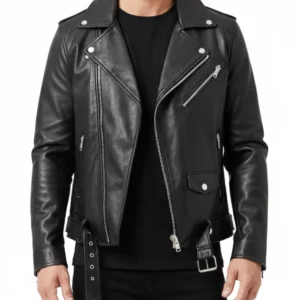 Rustline Asymmetrical Zip Black Leather Biker Jacket For Mens