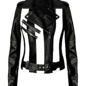 Shop Womens Black Leather Biker Jacket with Black and White Stripes For Sale