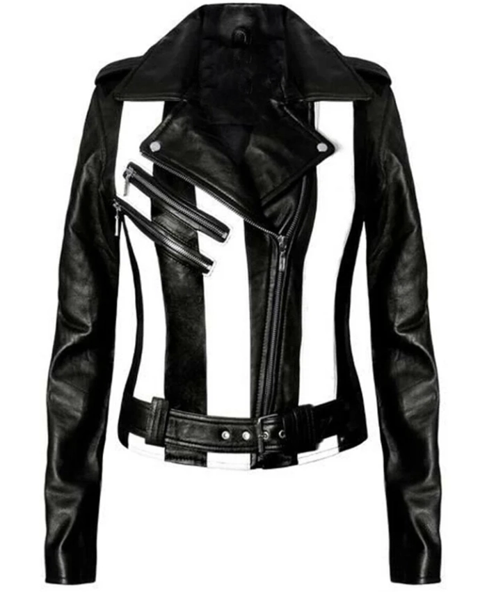 Shop Womens Black Leather Biker Jacket with Black and White Stripes For Sale