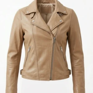 Stylish Women Beige Moto Leather Jacket