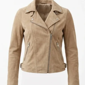 Suede Leather Beige Biker Jacket for Womens