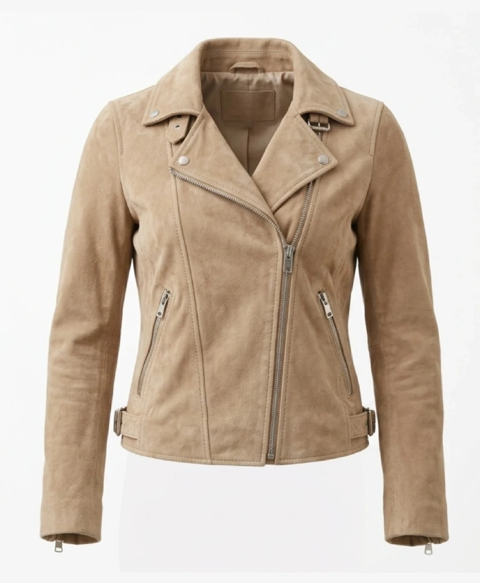 Suede Leather Beige Biker Jacket for Womens