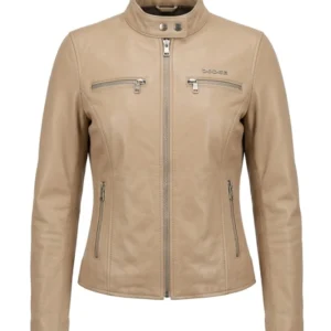 Women Dodge Cafe Racer Beige Leather Jacket