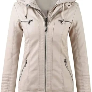 Womens Beige Faux Leather Biker Jacket With Detachable Hood
