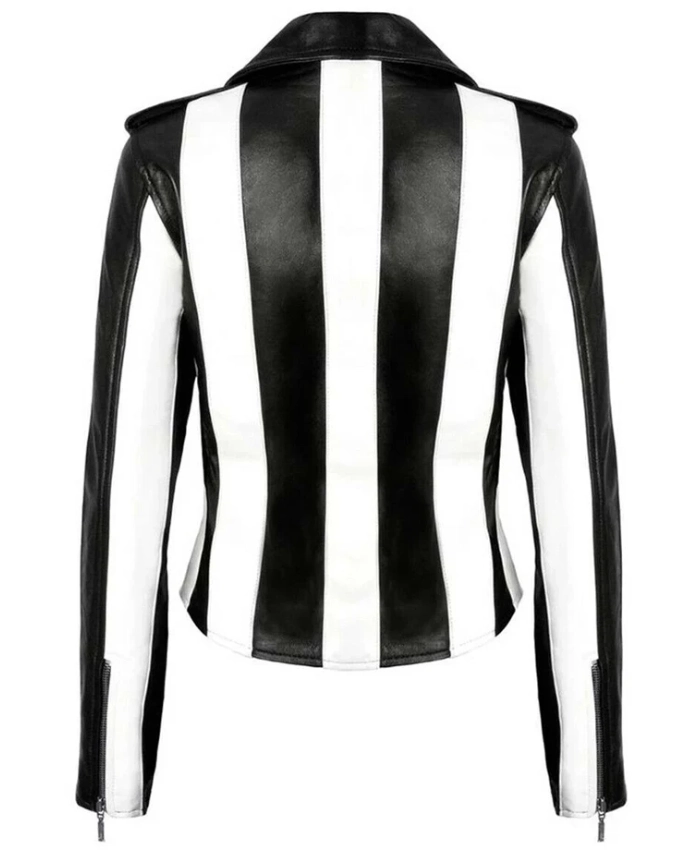 Womens Black Leather Biker Jacket with Black and White Stripes