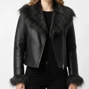 Womens Black Leather Jacket with Fur Collar