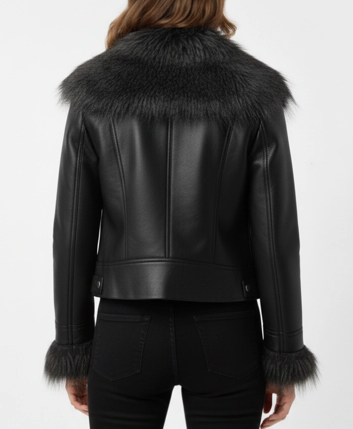 Womens Black Leather Jacket with Wide Fur Collar
