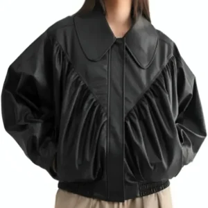 Womens Black Leather Oversized Retro Bomber Jacket