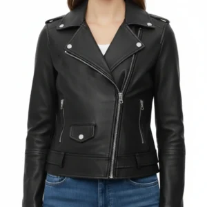 Womens Black Oakline Zipper Leather Biker Jacket