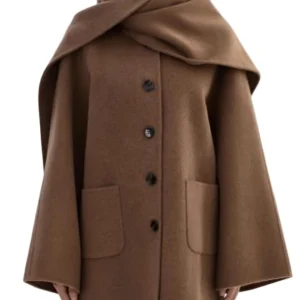 Womens Brown Long Sleeves Woolen Scarf Coat
