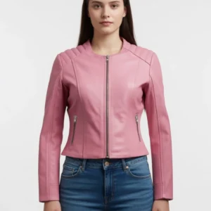 Womens Pink Leather Biker Jacket
