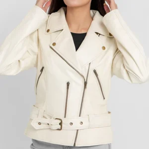 Womens Riveted Beige Leather Biker Jacket Main