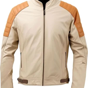 mens beige leather jacket Cafe Racer Vintage Inspired Moto Jacket with Brown Accents and Slim Fit Design