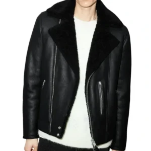 Men’s Black Shearling Aviator Biker Jacket
