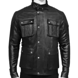 Black Leather Jacket with 4 Pockets