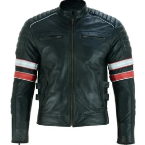 Men's Black Striped Cafe Racer Biker Leather Jacket