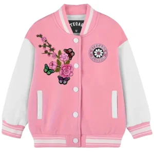Women's Pink Blossom Wool Varsity Jacket with Ribbed Collar