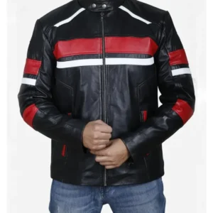 Men's Biker Leather Jacket With Red and White Stripes