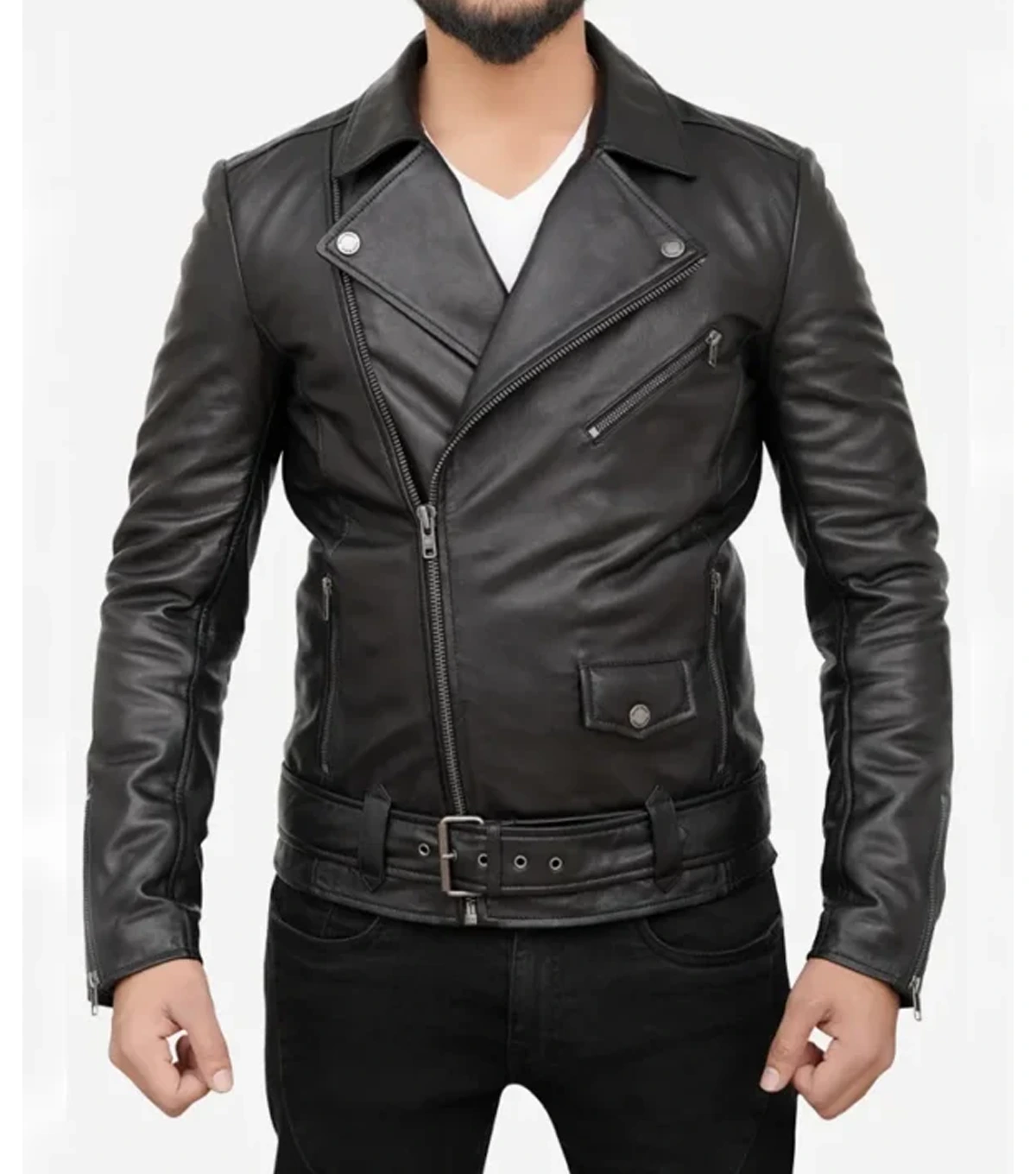 Men's Black Leather Asymmetrical Biker Jacket
